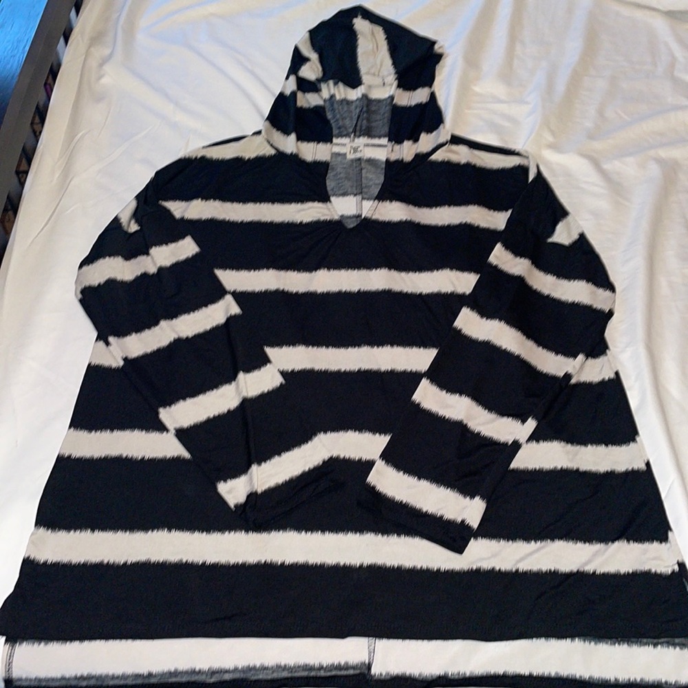 Sew In Love Black and Cream Striped V-neck Top with hood